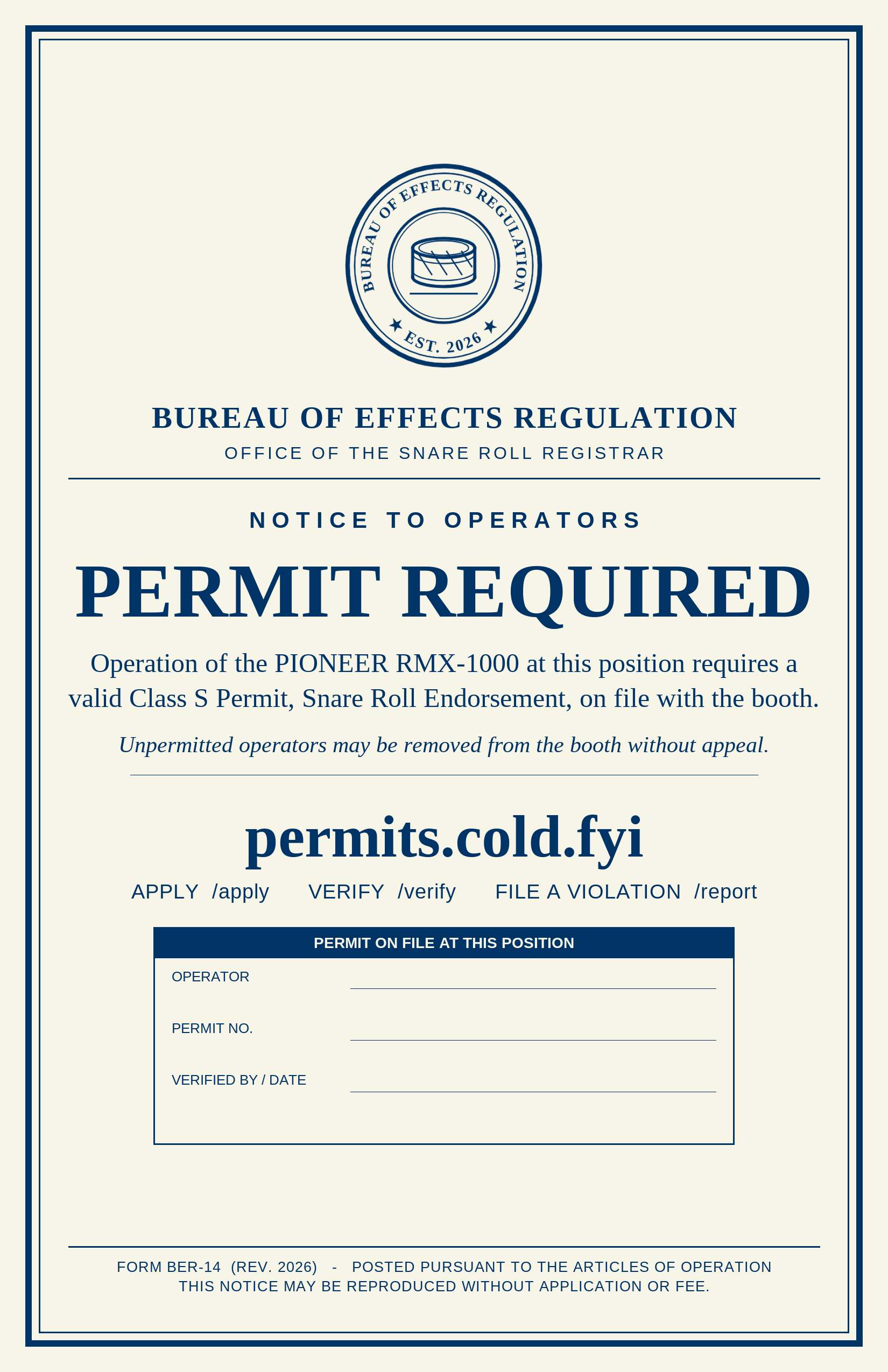 Bureau permit required poster, tabloid size, with fill-in permit block