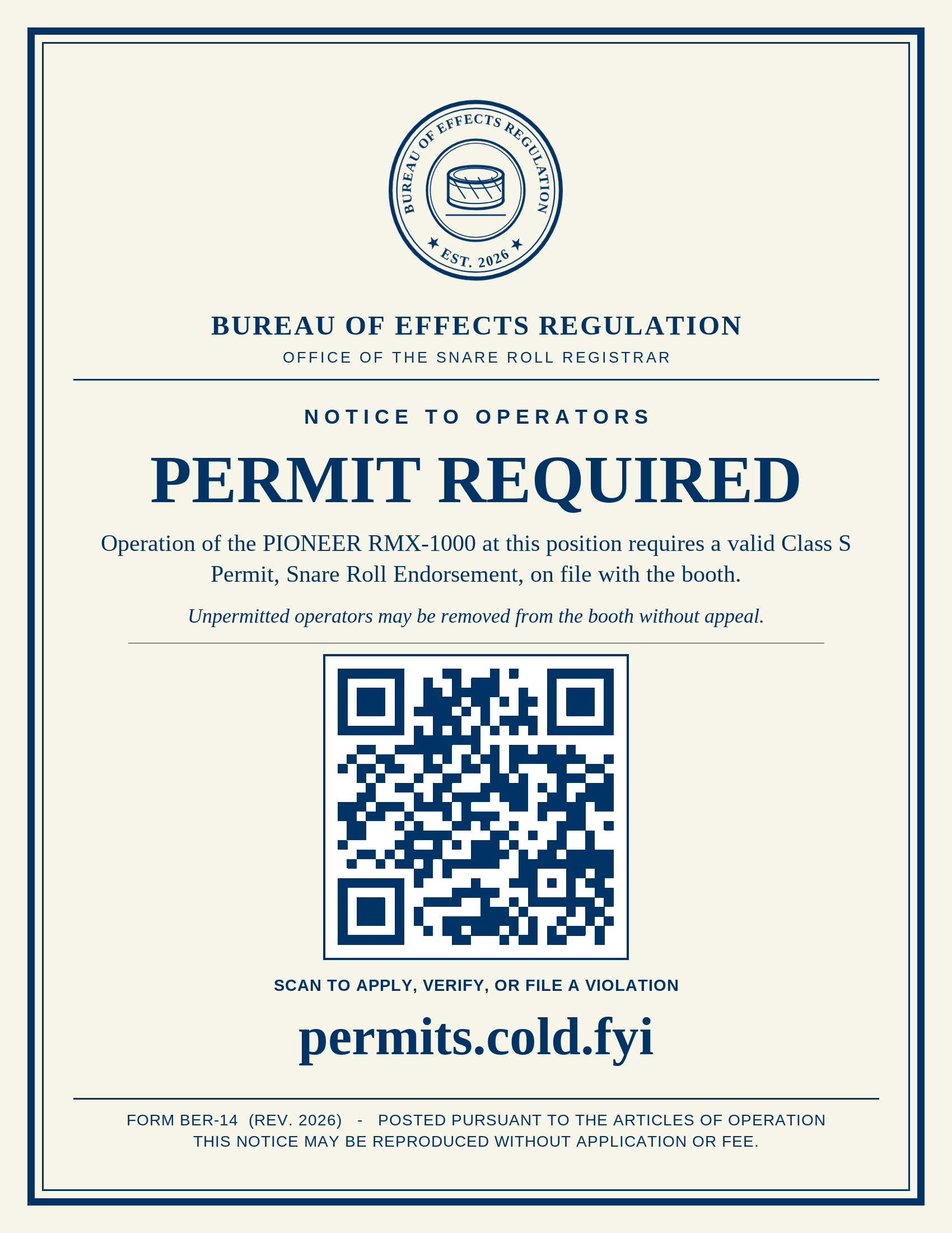 Bureau permit required notice, letter size, with notice code