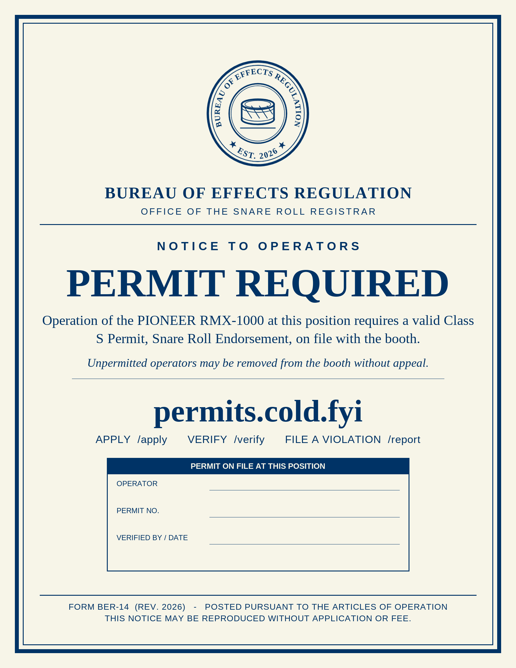 Bureau permit required notice, letter size, with fill-in permit block
